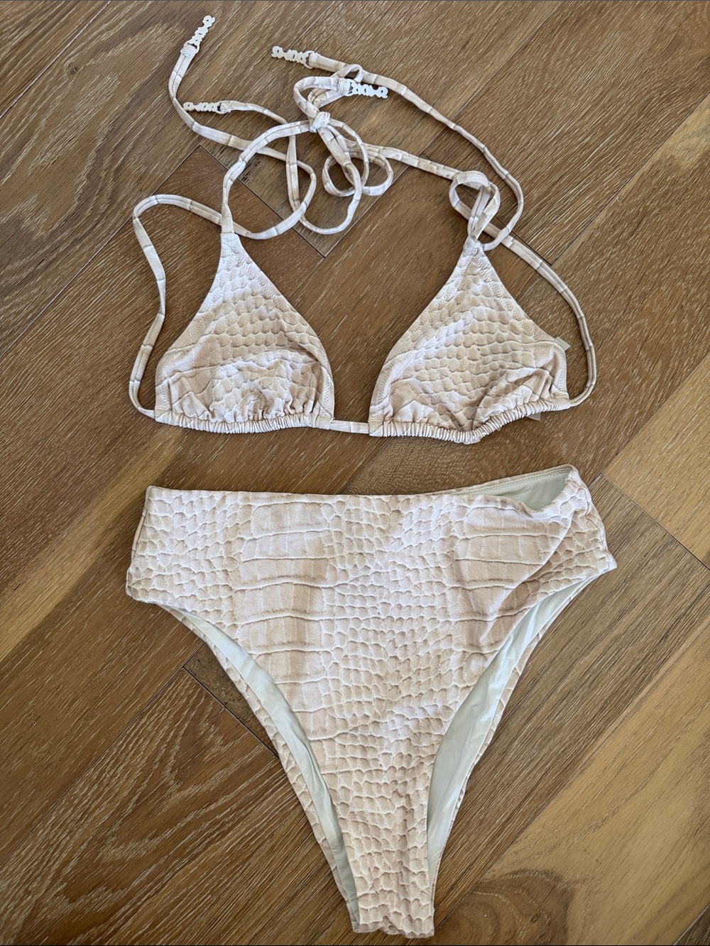 SKIMS Signature Swim Triangle Bikini Top and High Waist Bottoms in Ecru Croc